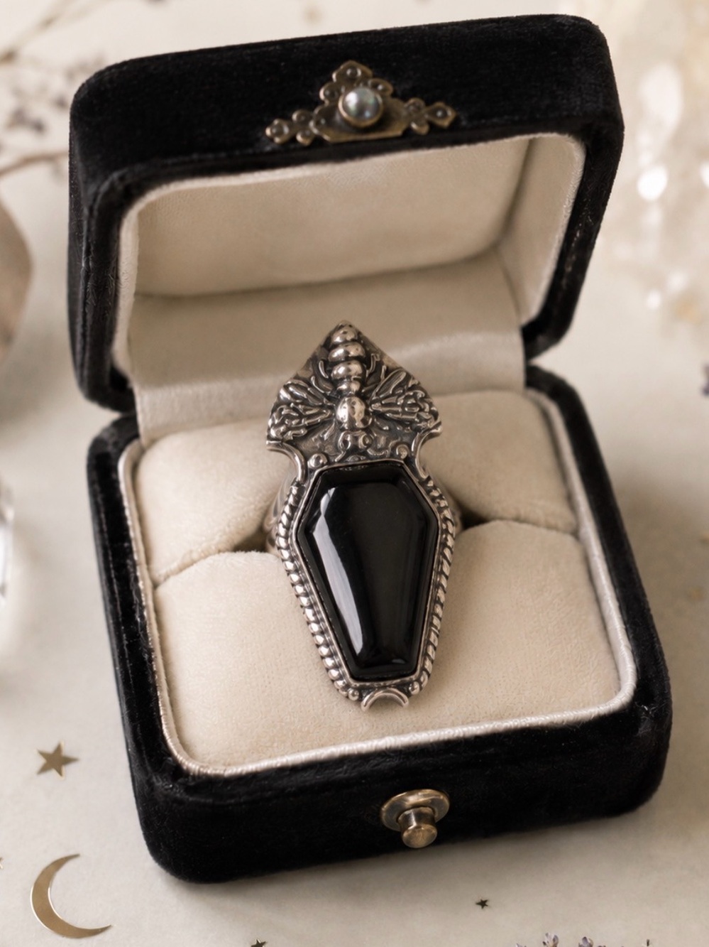 Coffin Ring 925 Sterling Silver Honey Bee Black Onyx Gemstone